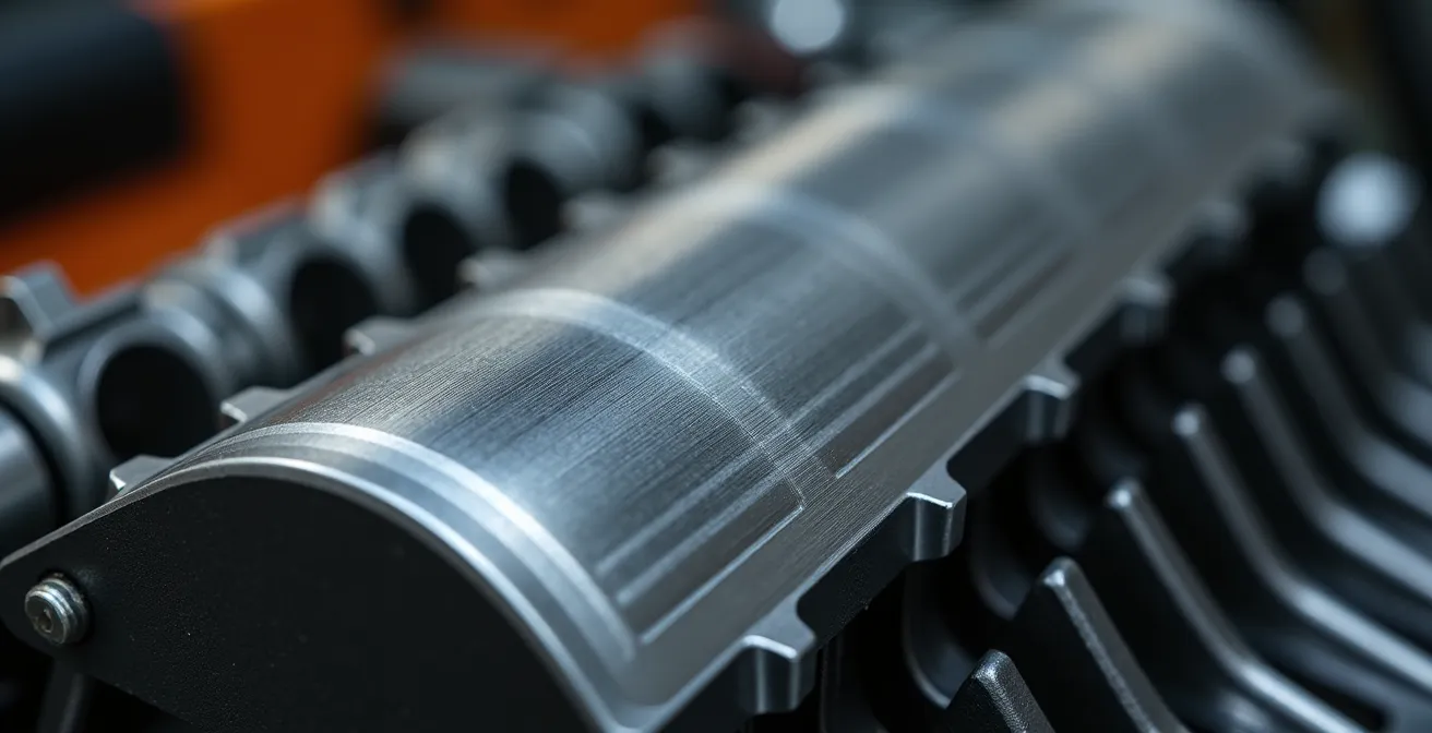 Vue macro d'un carter de débroussailleuse montrant les matériaux et textures