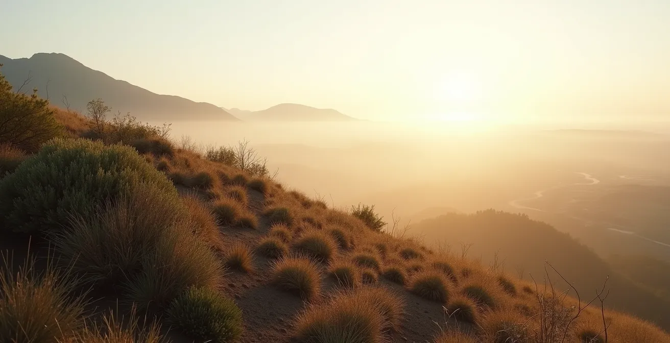 Vue large d'un terrain en pente avec différents types de végétation